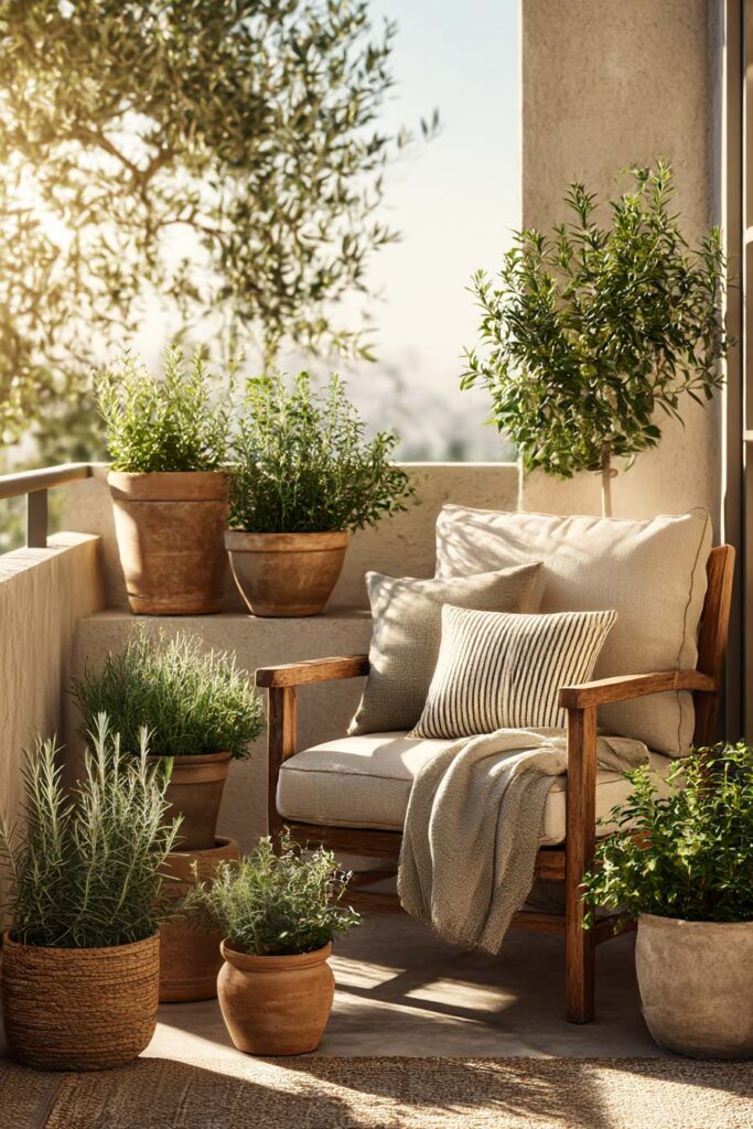 Small balcony retreat with terracotta pots, olive trees, cozy neutral chair, and heat-tolerant plants in warm natural sunlight