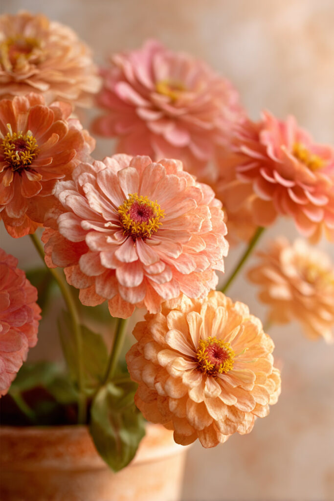 Soft peach heat-tolerant flowers in a terracotta planter with drought-resistant summer garden blooms