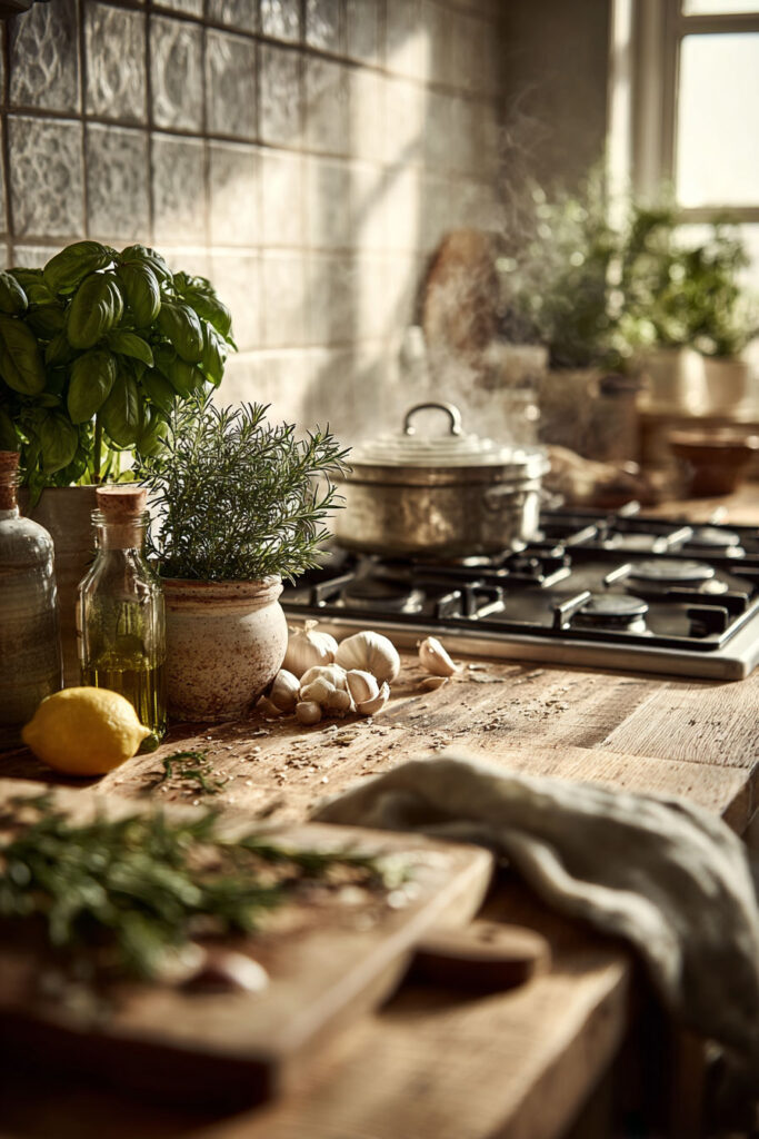 Cozy rustic kitchen with basil and rosemary plants, wooden countertops, steaming stovetop, and warm Mediterranean-inspired decor