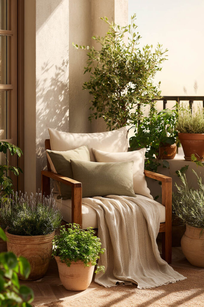 Cozy small balcony seating area with terracotta planters, olive tree, neutral cushions, and heat-tolerant plants in warm afternoon light