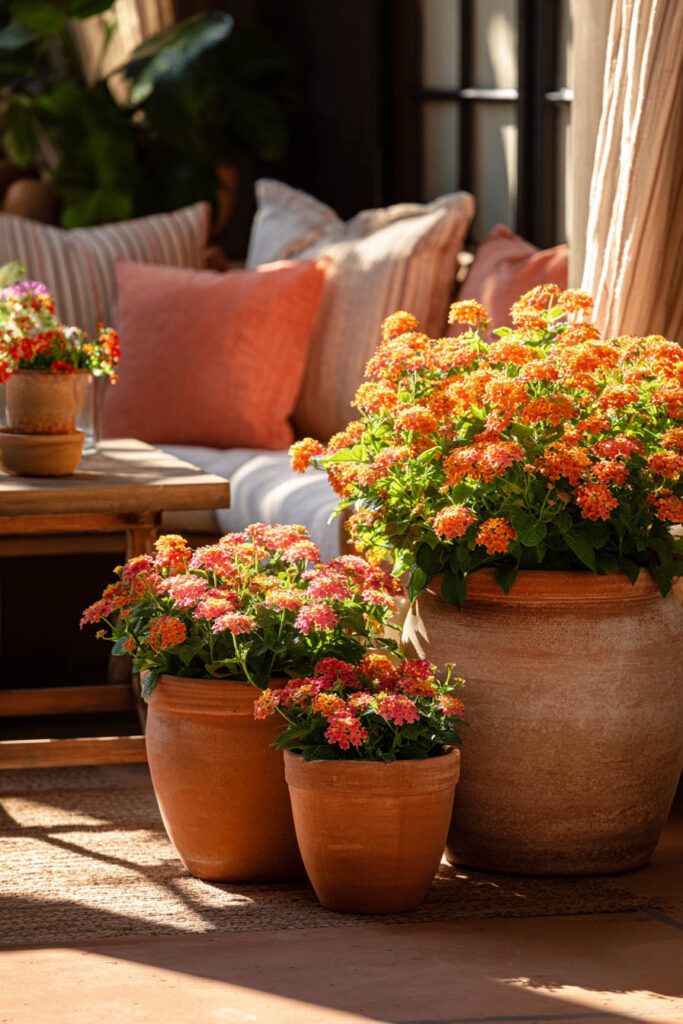 Heat-tolerant flowering plants in terracotta pots on a cozy sunny patio with drought-resistant outdoor flowers
