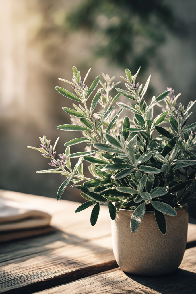 Lavender plant in a ceramic pot on a sunny patio with drought-tolerant outdoor plants for extreme heat