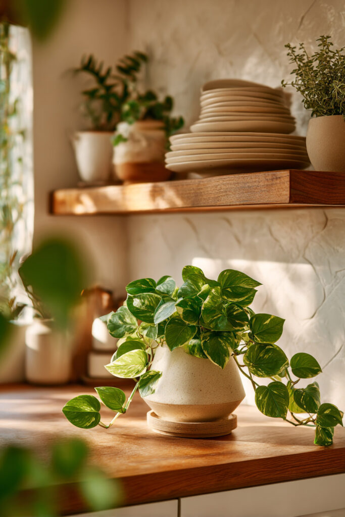 Trailing pothos plant styled on open wooden kitchen shelves with stacked neutral ceramics and warm natural sunlight.