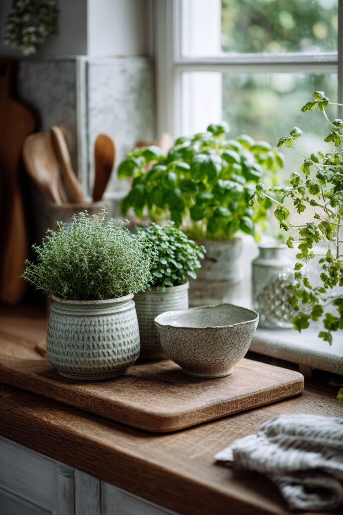 Cozy kitchen window herb garden with basil and fresh herbs in ceramic pots on wooden countertop
