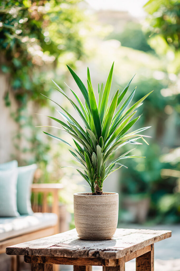 Heat-tolerant dracaena plant in a neutral pot on a sunny patio with low-maintenance outdoor greenery