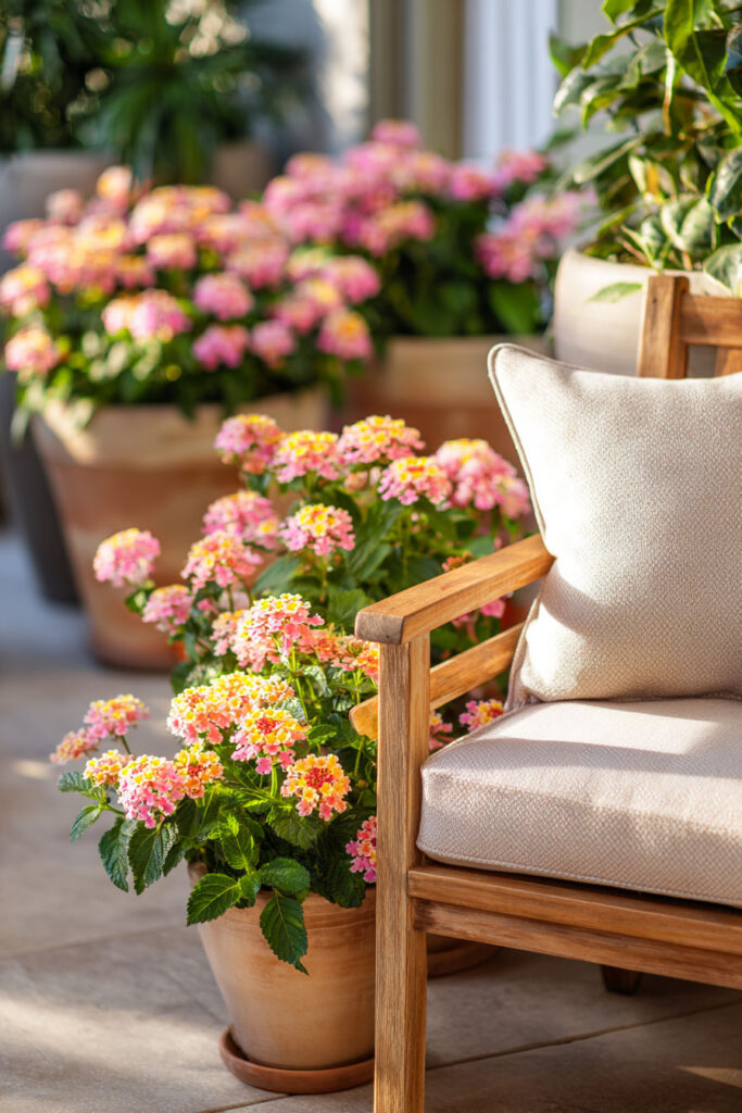 Pink heat-tolerant flowers in terracotta planters beside cozy outdoor patio seating in warm sunlight