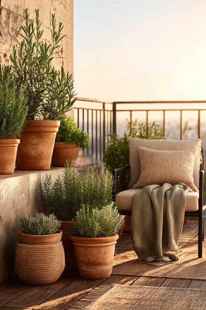 Small balcony with terracotta planters, rosemary, lavender, neutral outdoor chair, and heat-tolerant plants in golden sunset light