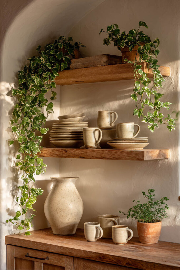 Trailing ivy plants styled on open wooden kitchen shelves with neutral ceramic dishes and warm natural lighting.
