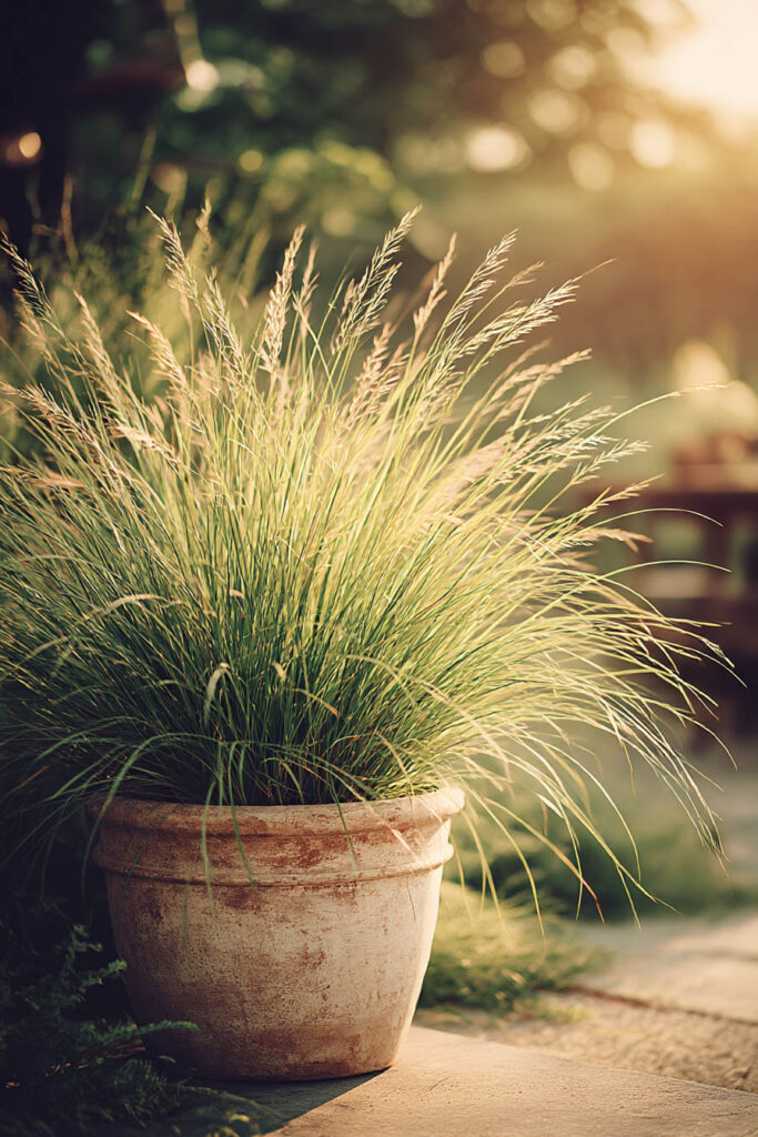 Drought-tolerant ornamental grass in a terracotta planter with low-maintenance outdoor plants for hot climates