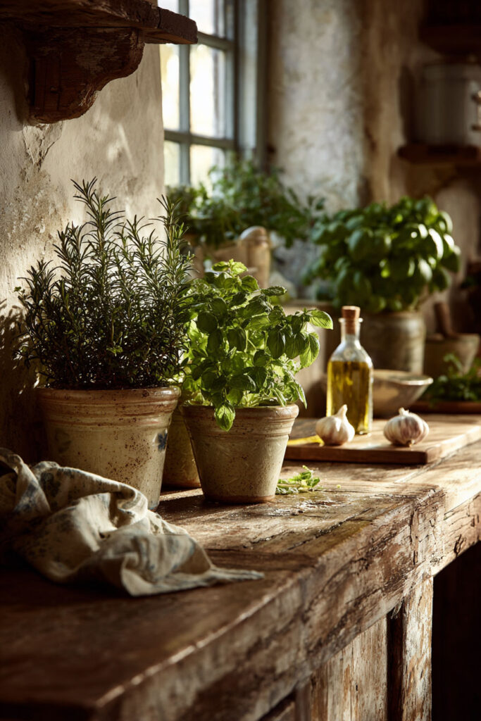 Rustic kitchen herb decor with basil and rosemary plants on weathered wooden countertop in warm natural light