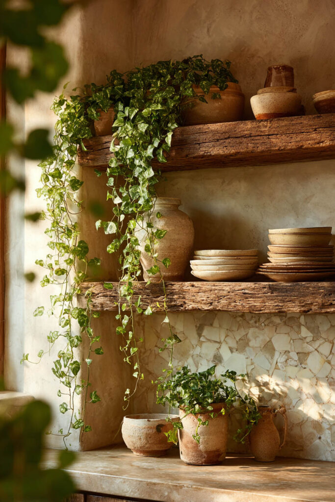 Trailing ivy plants styled on rustic wooden kitchen shelves with stacked neutral ceramic dishes and warm sunlight.
