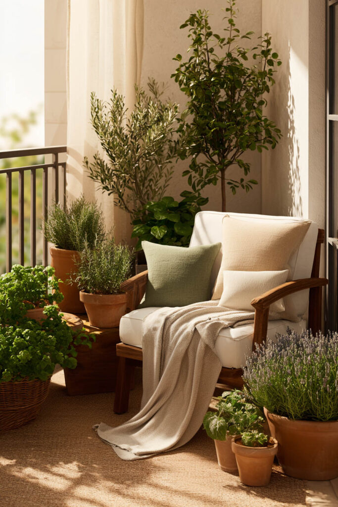 Small balcony garden with olive trees, lavender, terracotta pots, neutral outdoor chair, and heat-tolerant plants in warm sunlight