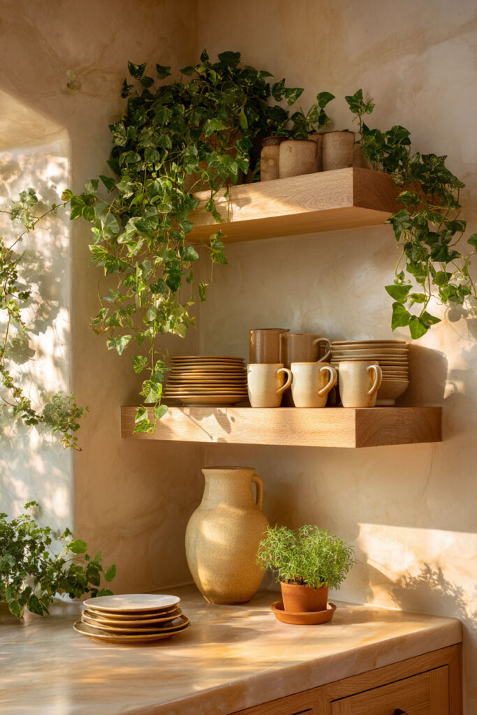 Cozy kitchen open shelving with trailing ivy plants, natural wood shelves, ceramic dishes, and warm sunlight