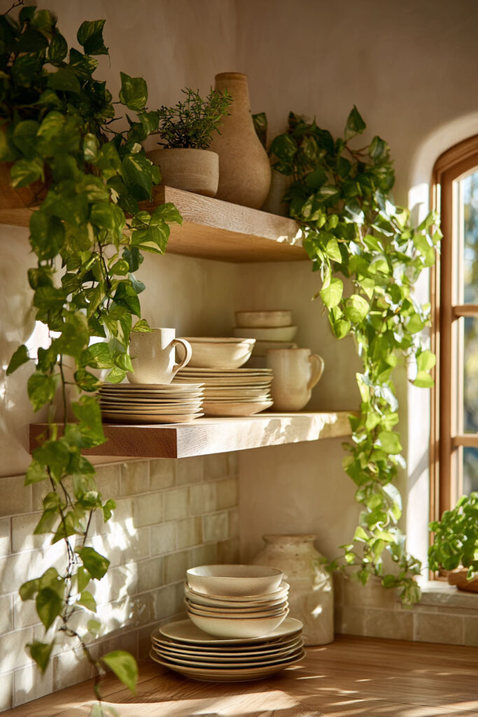 Open kitchen shelving with trailing pothos plants, stacked ceramic dishes, and warm natural sunlight in a cozy neutral kitchen.