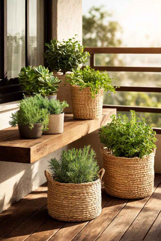 Small balcony with woven planters, rosemary, succulents, and heat-tolerant plants styled on warm wood flooring in natural sunlight