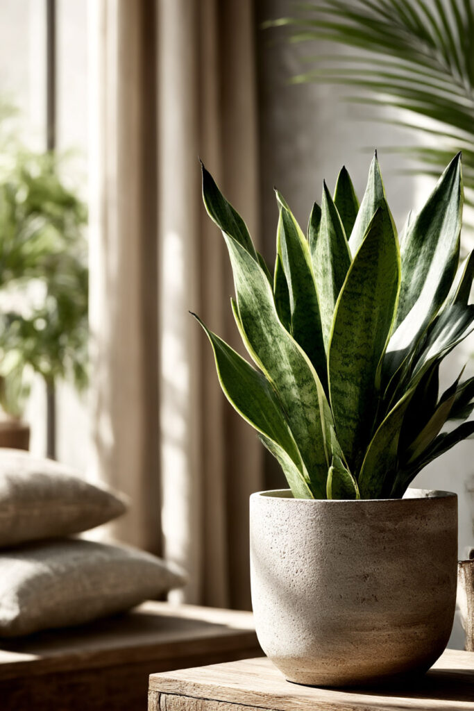 Snake plant in a neutral planter with low-maintenance drought-tolerant greenery for hot weather and sunny spaces