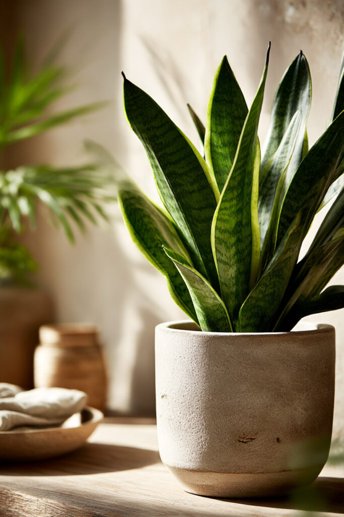 Low-water snake plant in a ceramic planter with drought-tolerant greenery for hot weather outdoor spaces