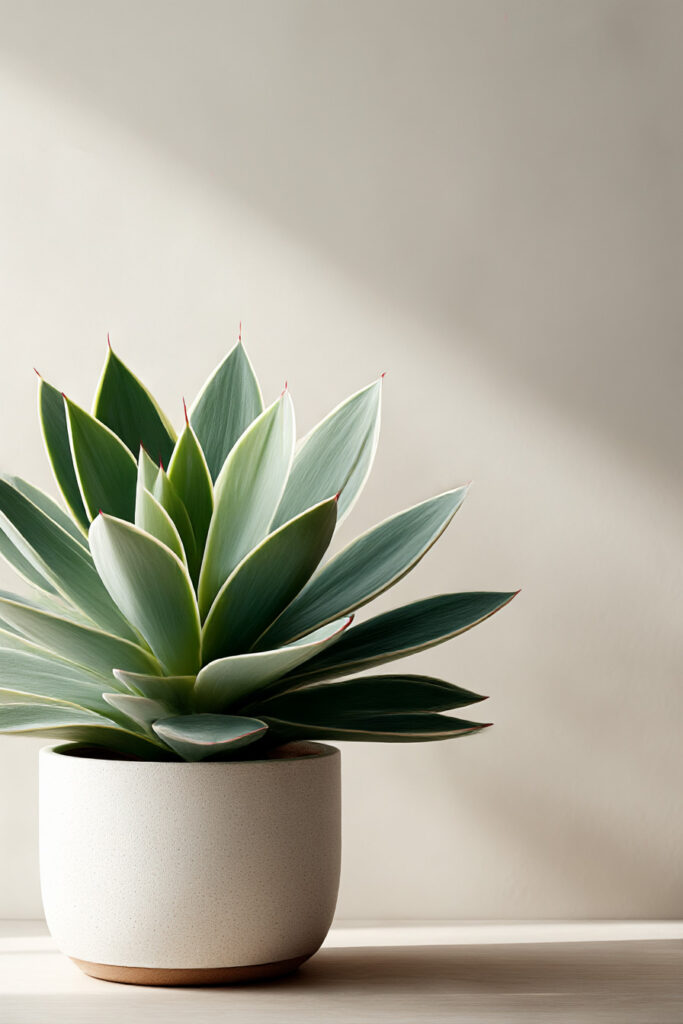 Minimalist succulent plant in modern ceramic pot styled for a heat-tolerant small balcony garden or outdoor space