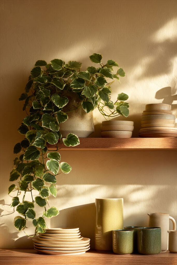 Cozy kitchen open shelving with trailing pothos plant, ceramic dishes, warm sunlight, and natural wood decor