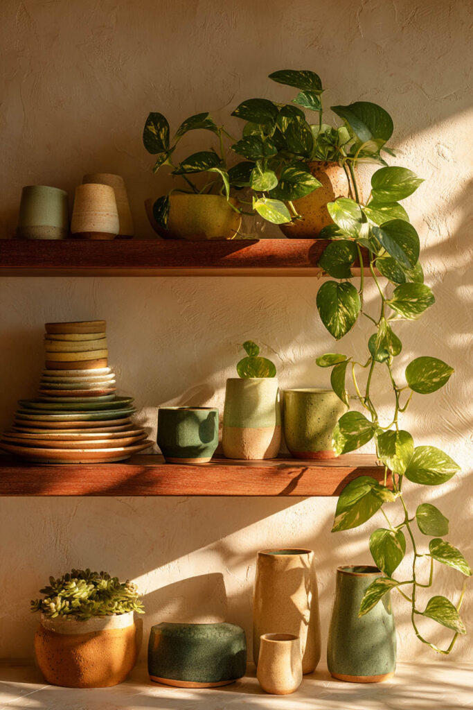 Open wooden kitchen shelves styled with trailing pothos plants, stacked ceramic dishes, and warm golden sunlight in a cozy kitchen.