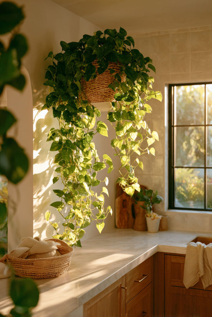 Cozy kitchen with hanging pothos plant, warm sunlight, natural wood cabinets, and organic modern decor styling