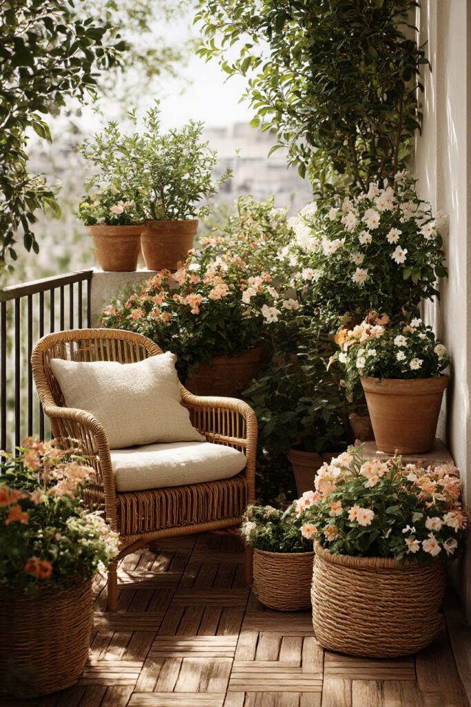 Small balcony garden with heat-tolerant flowering plants, woven chair, terracotta pots, and lush flowers creating a cozy private retreat