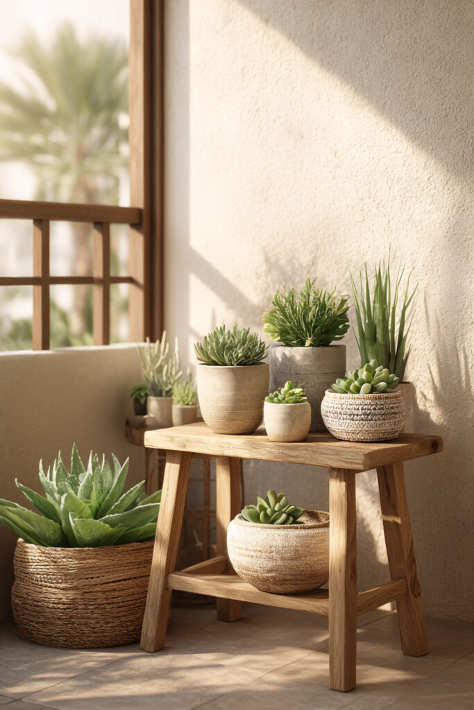 Small balcony garden with drought-tolerant succulents and low-maintenance outdoor plants in warm neutral planters