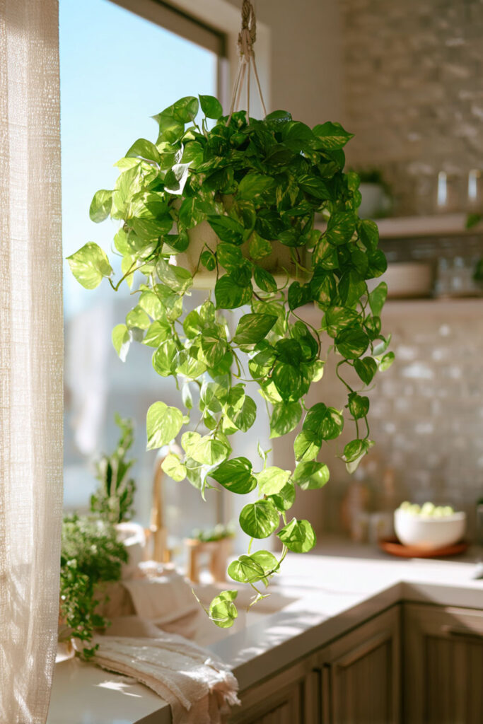 Hanging pothos plant in a bright kitchen with warm sunlight, soft neutral decor, and trailing greenery above the counter.