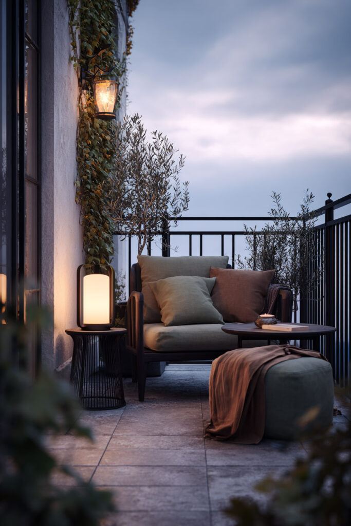 Dark cozy apartment balcony with warm lantern lighting, cushioned lounge chair, olive trees, soft textiles, and intimate evening seating.