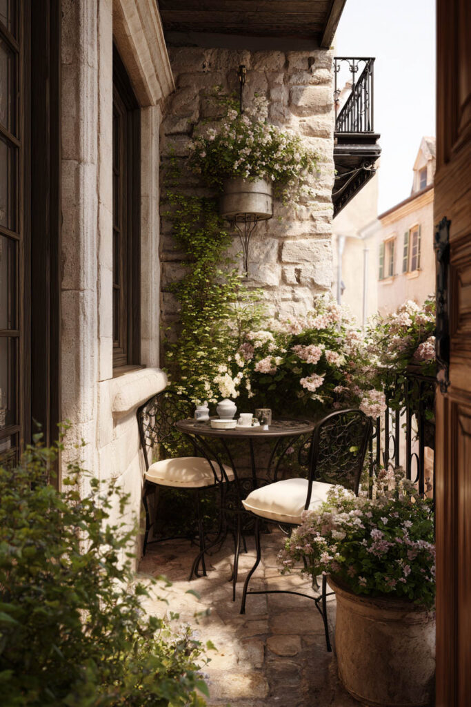 French balcony with wrought iron bistro set, stone walls, climbing greenery, pink flowers, and romantic Parisian apartment decor