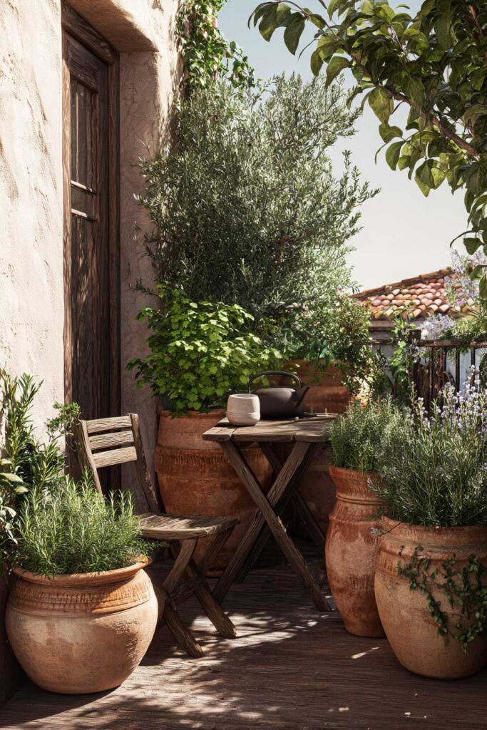 Mediterranean balcony with lavender, rosemary, terracotta pots, rustic café table, and layered herb garden creating a resort-like outdoor retreat.