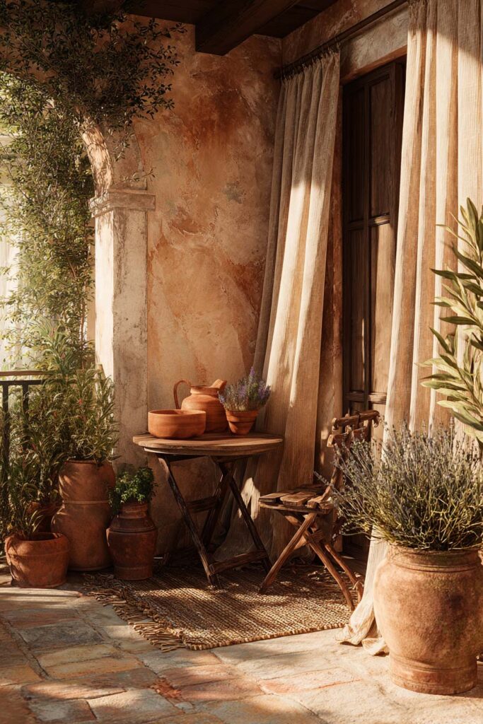 Mediterranean balcony with terracotta pots, linen curtains, rustic wood furniture, textured stucco walls, and warm natural light creating a cozy outdoor retreat.