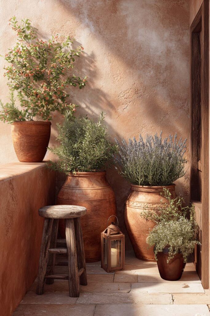 Mediterranean balcony with large terracotta pots filled with lavender, rosemary, and flowering plants against warm stucco walls and rustic outdoor decor.