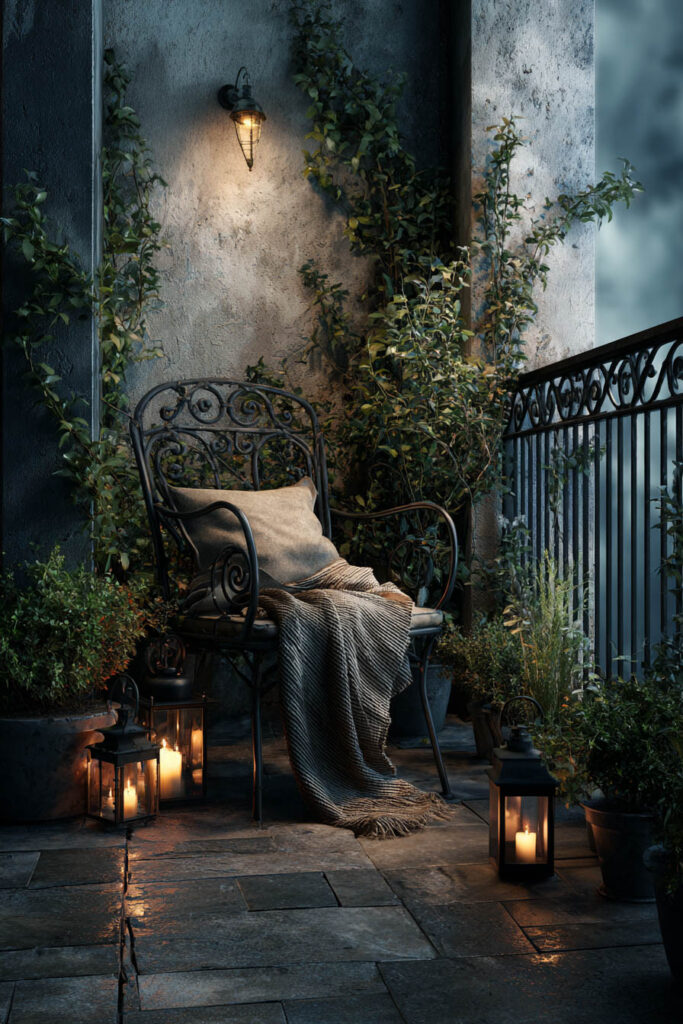 Moody balcony retreat with wrought iron chair, lantern candles, cozy throw blanket, climbing greenery, and warm evening lighting.