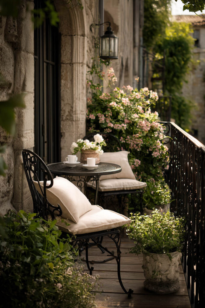 Small Parisian balcony with black wrought iron bistro chairs, a round café table, cream cushions, flowering plants, climbing greenery, and historic stone architecture creating a hidden garden retreat.