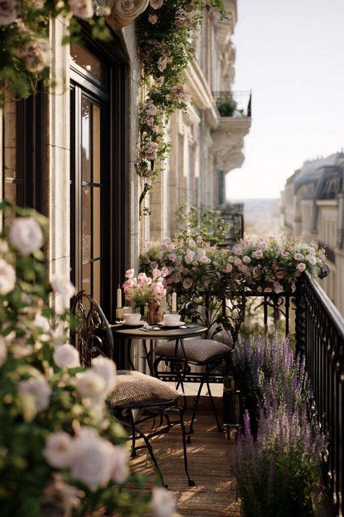 Parisian balcony with a classic wrought iron bistro set, climbing roses, lavender planters, and soft morning light creating a romantic and elegant outdoor retreat.
