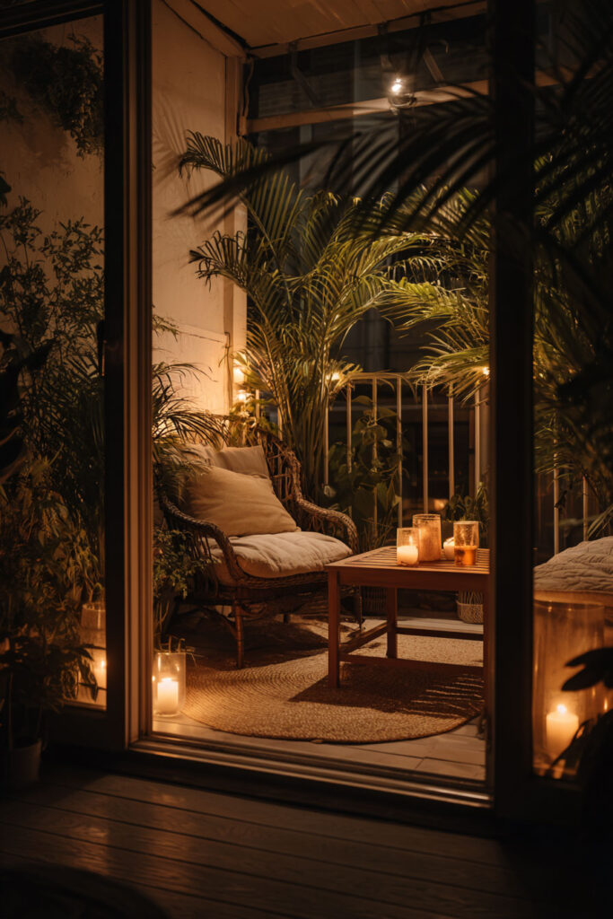 Romantic balcony at night with glowing candles, lantern lighting, wicker seating, lush tropical plants, and cozy outdoor decor creating a warm and inviting atmosphere.