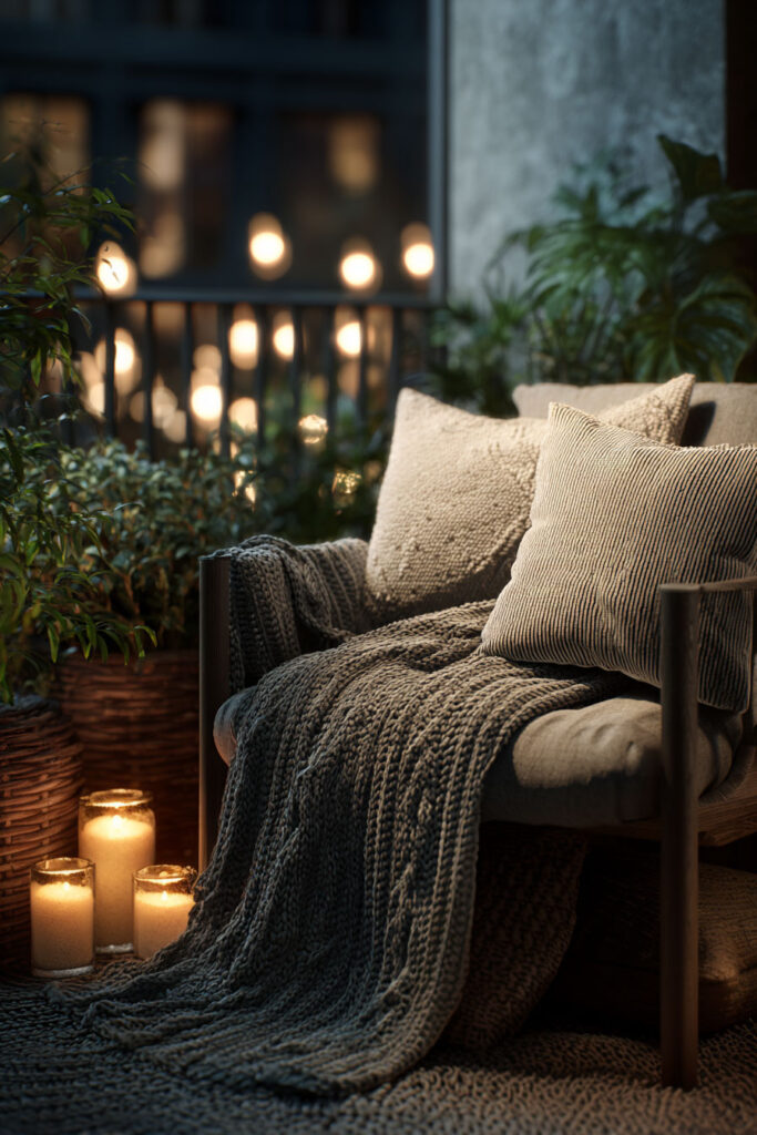 Cozy romantic balcony seating area with knit blankets, textured pillows, candlelight, and lush plants for quiet evenings outdoors.