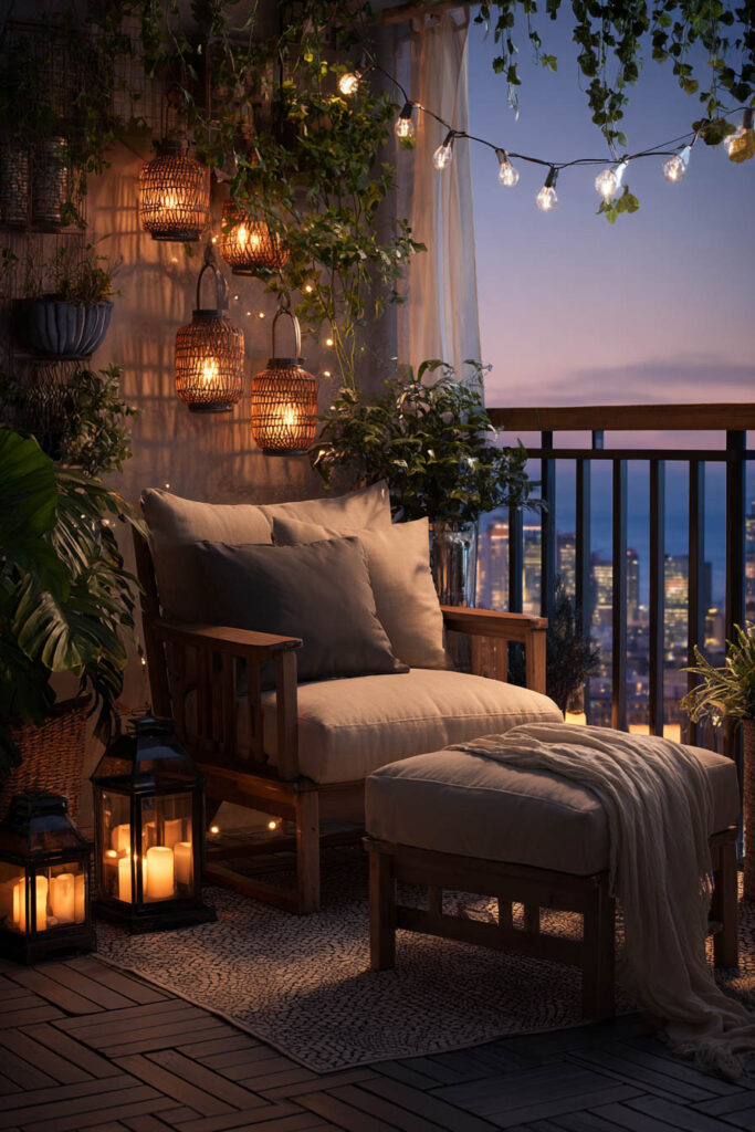 Romantic balcony with warm layered lighting, lanterns, string lights, lush plants, cozy chair, and soft textiles creating a hidden outdoor retreat at night.