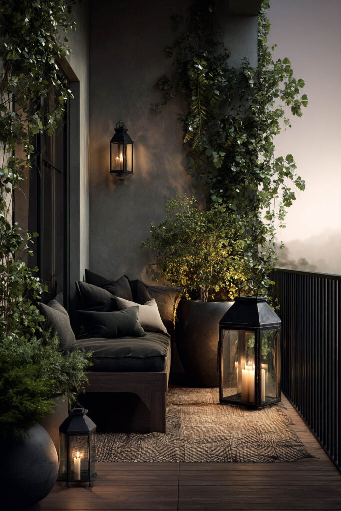 Romantic moody balcony with lantern candlelight, dark seating, potted plants, and climbing greenery creating a cozy outdoor retreat