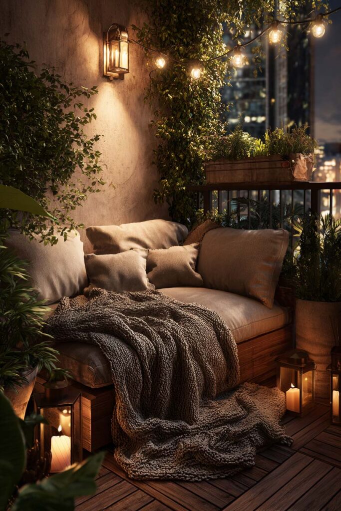 Romantic private balcony with warm string lights, lanterns, cozy outdoor sofa, soft blankets, and lush greenery creating an intimate evening retreat