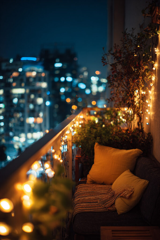 Small city balcony with warm string lights, cozy seating, pillows, plants, and a glowing nighttime skyline view.