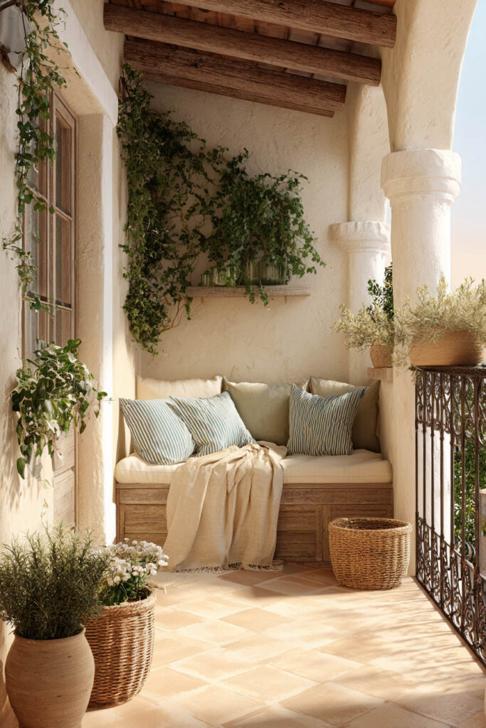 Small Mediterranean balcony with cream stucco walls, terracotta tile flooring, built-in wooden bench seating, striped cushions, climbing vines, and warm natural textures.