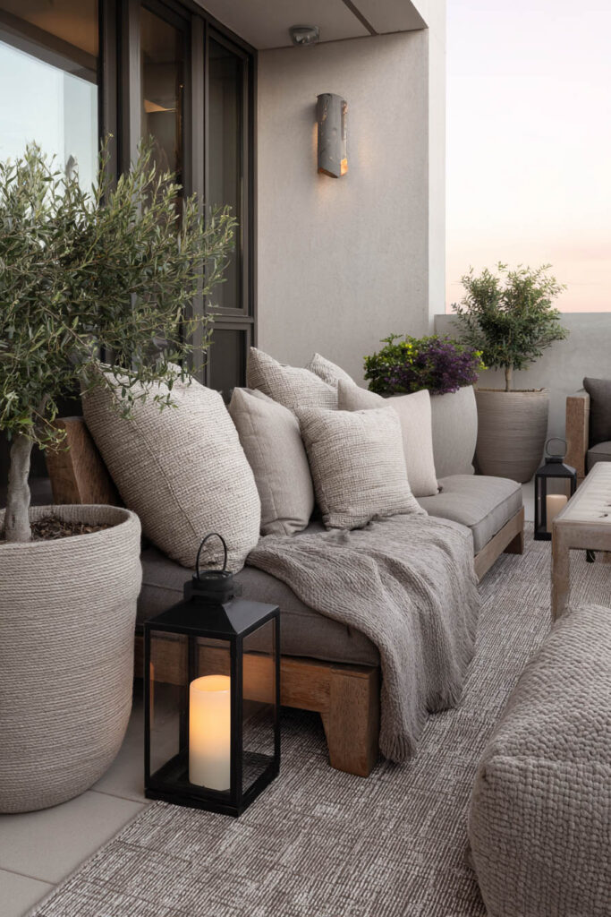 Cozy apartment balcony with textured cushions, soft blankets, lantern lighting, neutral decor, and layered outdoor textiles.