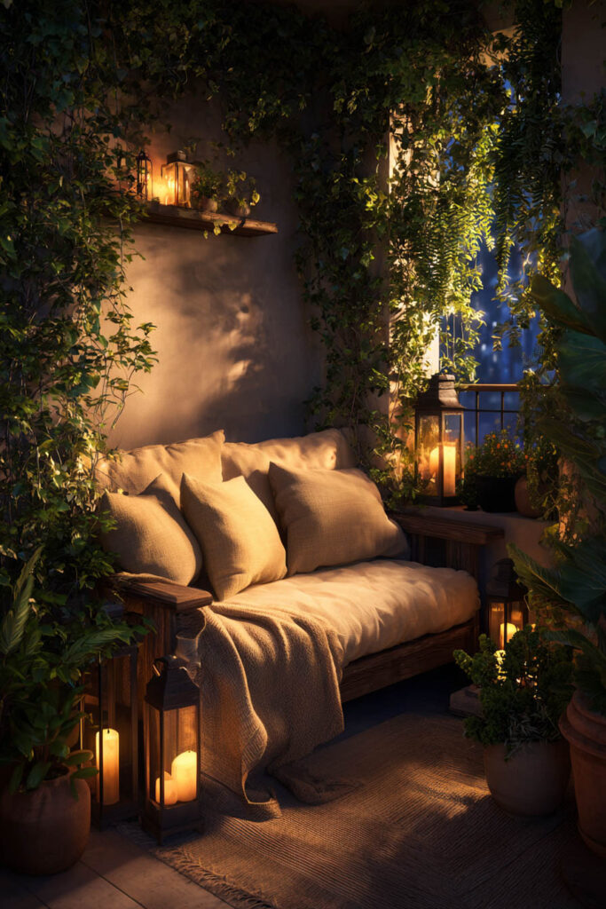 Romantic balcony with candle lanterns, cozy outdoor sofa, lush plants, warm lighting, and soft neutral cushions creating a private hidden retreat at night.