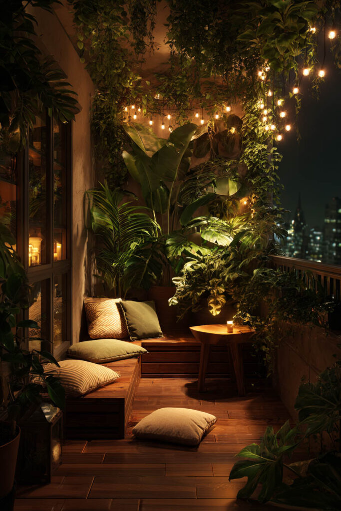 Lush balcony with tropical plants, warm string lights, built-in seating, and cozy nighttime garden ambiance.