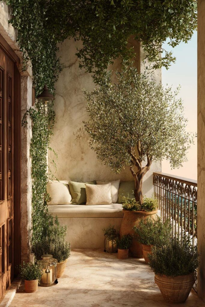 Mediterranean balcony with mature potted olive tree, lavender plants, terracotta pots, trailing vines, and cozy built-in seating in a resort-style outdoor setting.