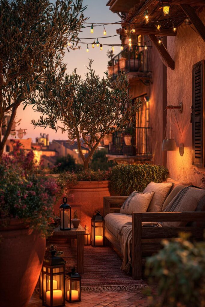 Mediterranean balcony at sunset with string lights, lanterns, olive trees, terracotta planters, candlelight, and cozy outdoor seating for warm summer nights.