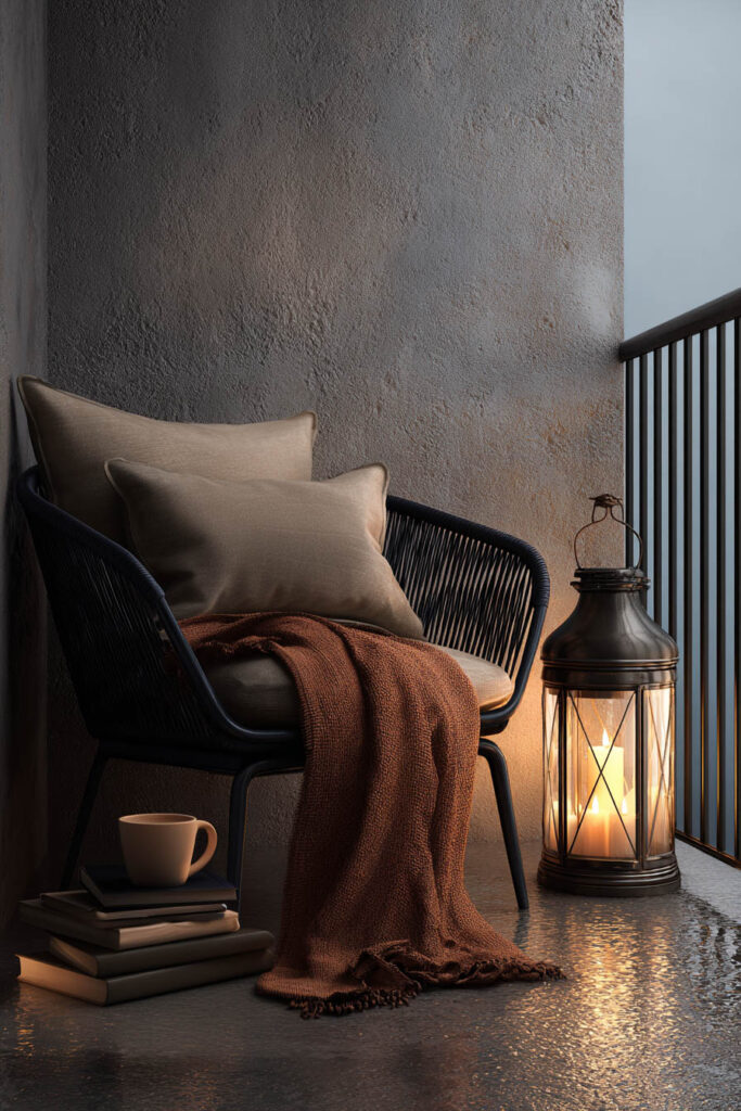 Moody balcony reading nook with cozy chair, lantern candle, books, coffee cup, soft throw blanket, and warm evening lighting.