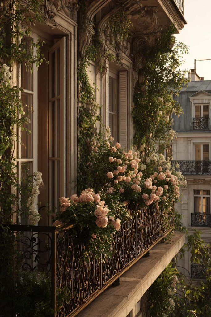 Parisian balcony with overflowing blush rose flower boxes, ornate wrought iron railing, climbing vines, historic stone architecture, and hidden garden styling in warm evening light.